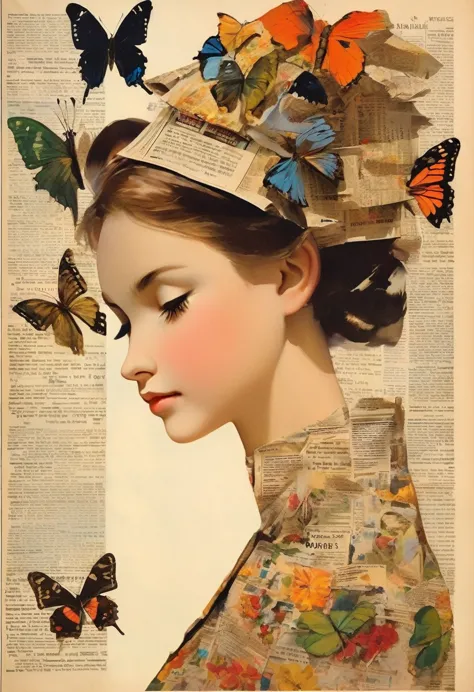 side view girl, solitary, wearing a magazine cover dress, delicate facial features and long eyelashes, a butterfly landed on her...