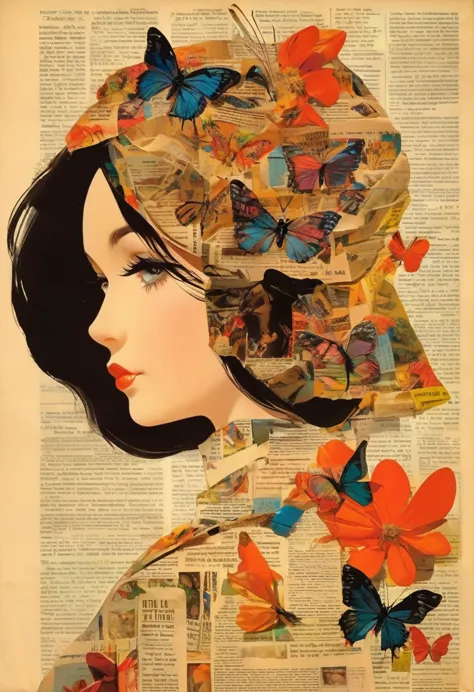 side view girl, solitary, wearing a magazine cover dress, delicate facial features and long eyelashes, a butterfly landed on her...