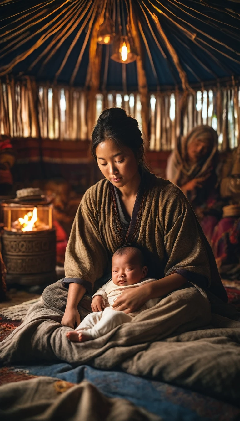 A humble yurt in the Asian steppes, with a newborn Temüjin in his mother's arms, background dark gold, hyper realistic, ultra detailed hyper realistic, photorealistic, Studio Lighting, reflections, dynamic pose, Cinematic, Color Grading, Photography, Shot on 50mm lens, Ultra-Wide Angle, Depth of Field, hyper-detailed, beautifully color, 8k