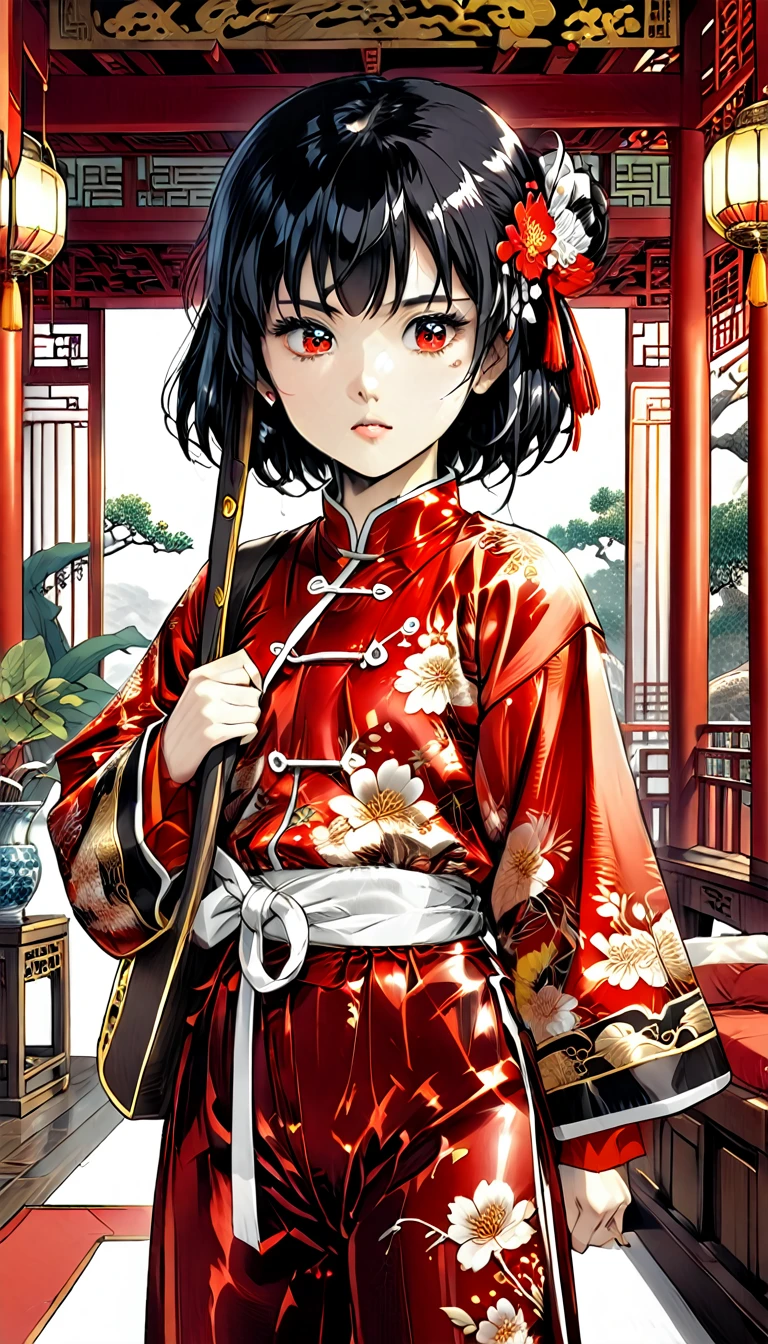 A tragic historical drama in 8k live-action style: Beautiful palace secrets　Beautiful 10 year old Chinese Kung Fu girl Hime with short black hair is forced to wear excrement pants　Gorgeous embroidery, Ultra glossy, She is wearing a shiny red top and bottom long sleeve floral pajama kung fu suit....　　　