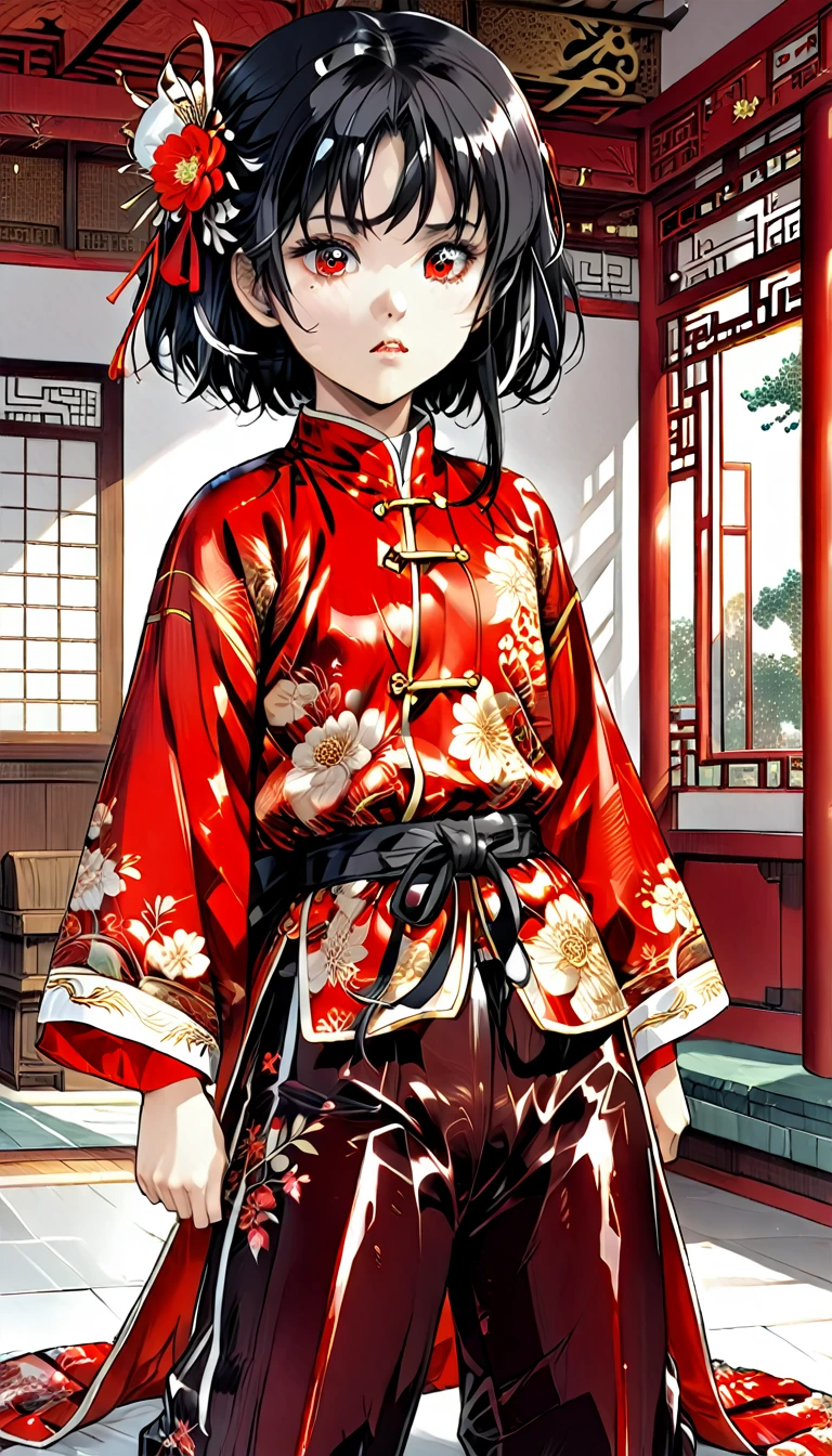 A tragic historical drama in 8k live-action style: Beautiful palace secrets　Beautiful 10 year old Chinese Kung Fu girl Hime with short black hair is forced to wear excrement pants　Gorgeous embroidery, Ultra glossy, She is wearing a shiny red top and bottom long sleeve floral pajama kung fu suit....　　　