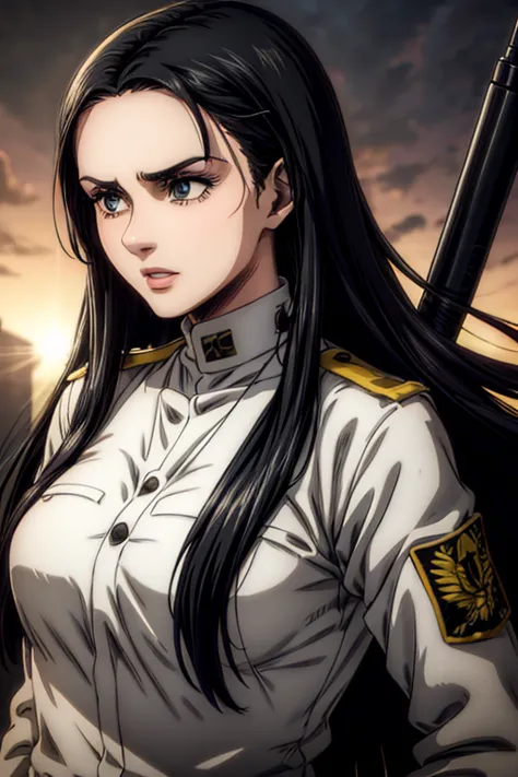 30 year old woman, long black hair, greeneyes, neutral expression, necklace on the neck, white military uniform, holding gun, li...