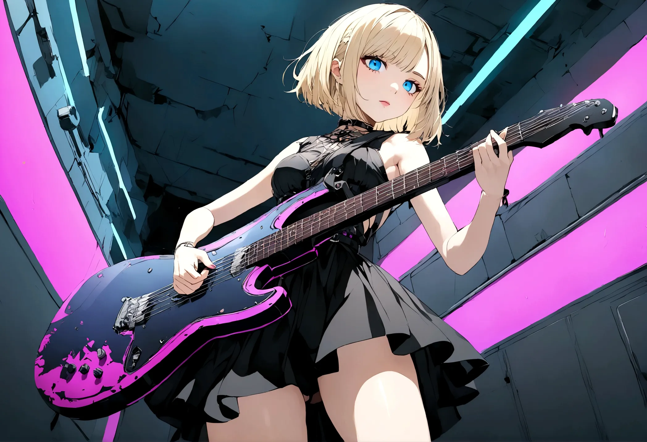 Anime girl with short blonde hair and blue eyes playing rock guitar,alone、Black Dress、 looking at the camera、whole body、cyber pu...