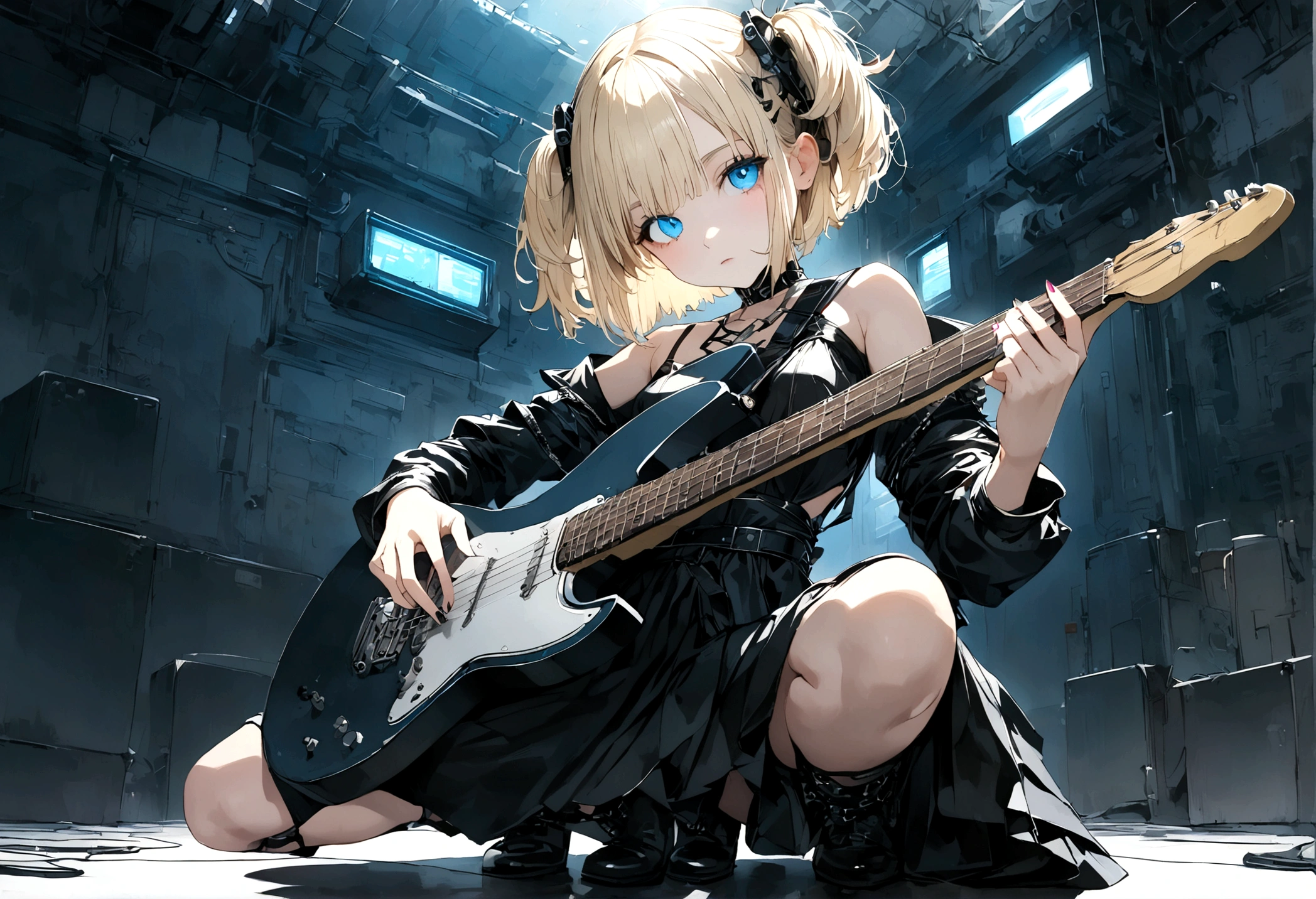 Anime girl aux cheveux blonds courts et aux yeux bleus jouant de la guitare rock,seul、Robe noire、 en regardant la caméra、tout le corps、cyberpunk、nuit au clair de lune