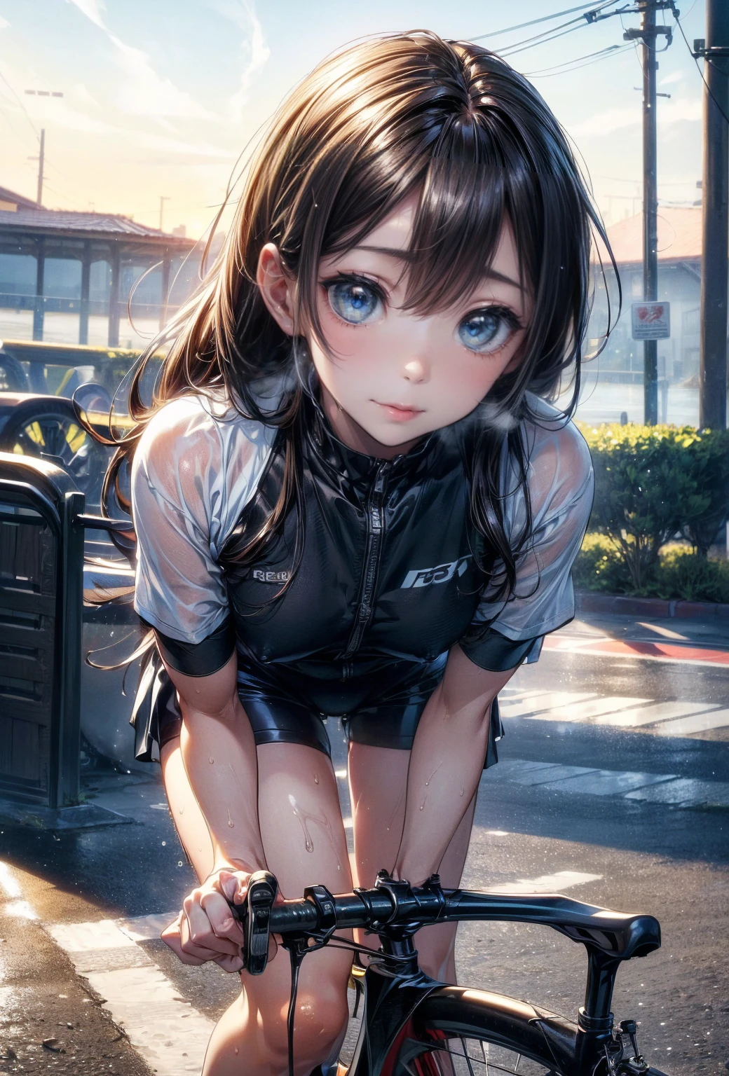 NSFW、Highest quality、(Road bike)、((ride a bicycle))、Smiling at the viewer、Beautiful Eyes、Beautiful Face、Delicate eyes、((Sweatで透けたスポーツウェア))、Sweat、refreshing plateau、、