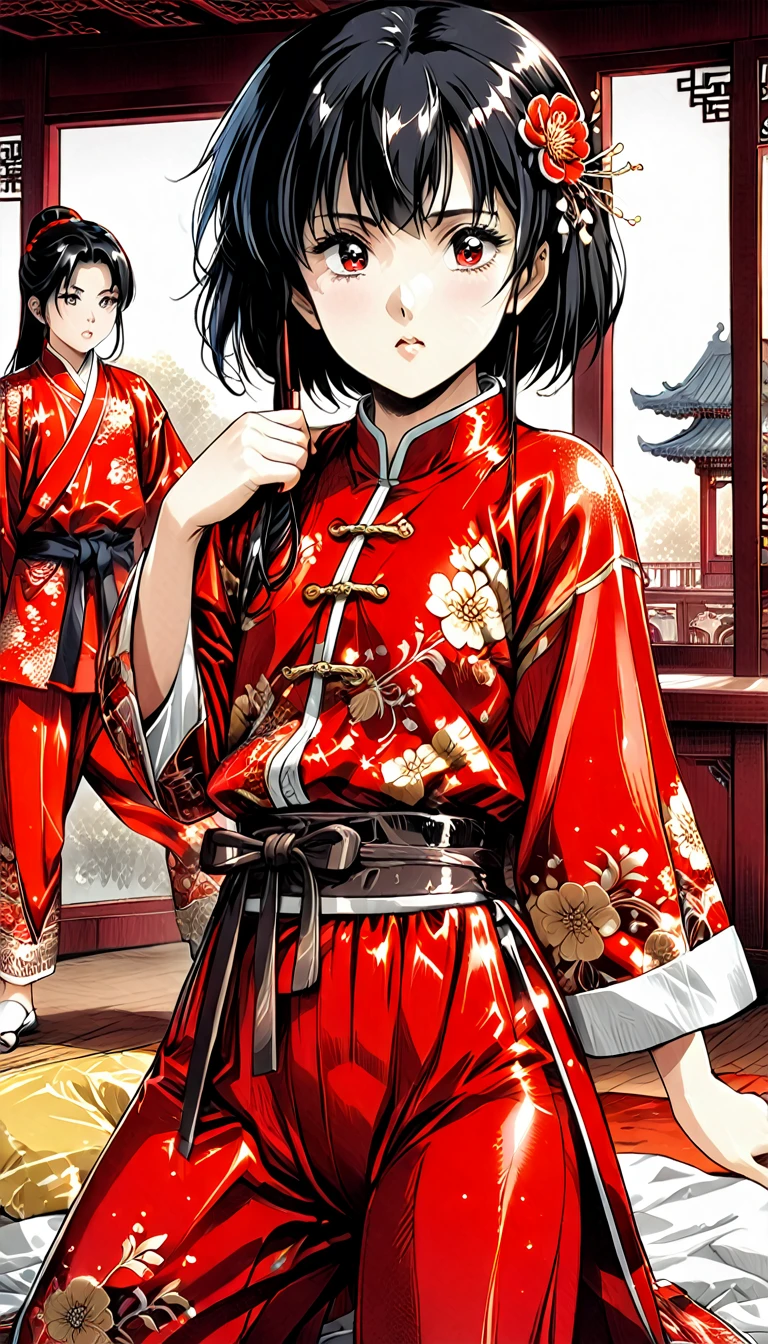 A tragic historical drama in 8k live-action style: Beautiful palace secrets　Beautiful 10 year old Chinese Kung Fu girl Hime with short black hair is forced to wear excrement pants　Gorgeous embroidery, Ultra glossy, She is wearing a shiny red top and bottom long sleeve floral pajama kung fu suit....　　　