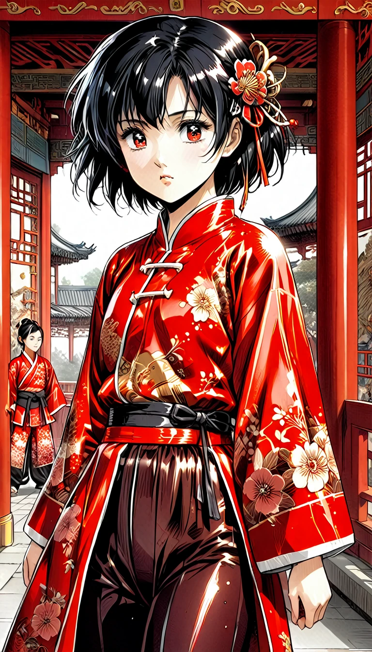 A tragic historical drama in 8k live-action style: Beautiful palace secrets　Beautiful 10 year old Chinese Kung Fu girl Hime with short black hair is forced to wear excrement pants　Gorgeous embroidery, Ultra glossy, She is wearing a shiny red top and bottom long sleeve floral pajama kung fu suit....　　　