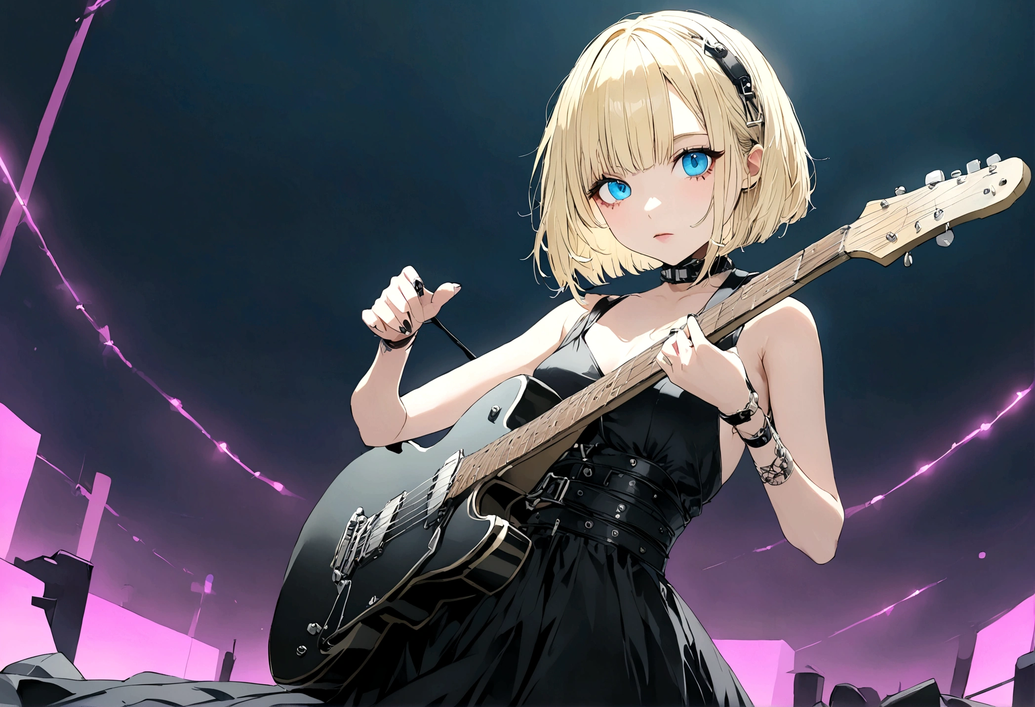 록 기타를 연주하는 짧은 금발 머리와 파란 눈을 가진 애니메이션 소녀,홀로、검정 드레스、 카메라를 보면서、전신、사이버 펑크、달밤