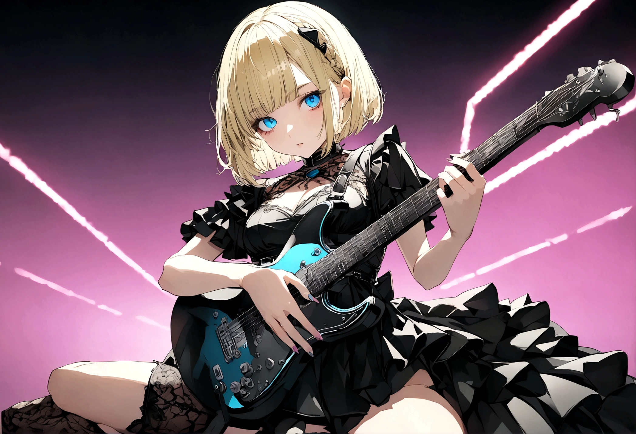 Anime girl with short blonde hair and blue eyes playing rock guitar,alone、Black Dress、 looking at the camera、whole body、cyber punk、Moonlit Night