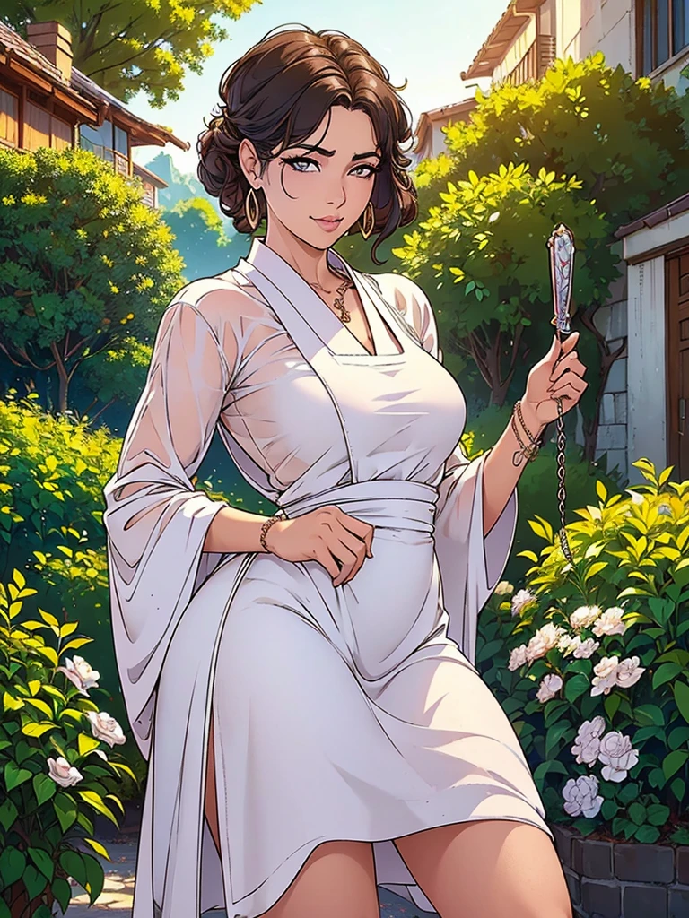 Just one girl,Best quality, 4k, high resolution, body stuck dress, perfect smile, gorgeous, white skin, ahegao face(hentai face) , brown hair, wearing white kimono, wearing white aprons,1 girl, solo, seductive look, elegance and charm, (masterpiece, best quality, high resolution), looking at the viewer, standing, (intricate and beautiful:1.2), (detailed light:1.2), (soft light, side light), (high resolution textures) , holding leash in hand(chain leash), outdoor, Burmese girl, wearing gorgeous jewelary, wearing harness over the outfit ,outdoor background, sun light, attractive, sexy, mature and hot, young,(masterpiece:1.3), (disorganized:1.3), (highest quality:1.3), perfect anatomy, detailed face, front view, perfect right hands, looking at viewer, (Super detailed:1.3), (best shadow:0.7), (treated hair), fine eyes, beautiful eyes, young aged woman, alone, standing, crystal earrings,closed_mouth, , outdoors,Thick thighs, arrogant face, small 