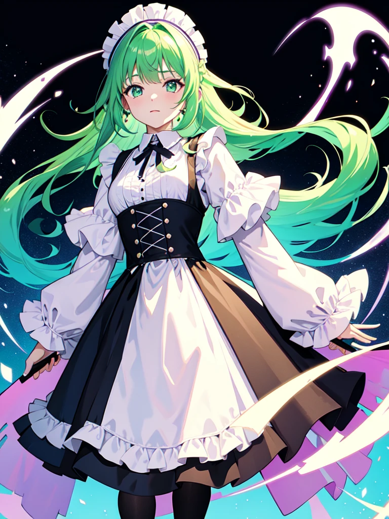 has a big shield, watercolor画, （Gradient braided hair, (Ink blotches:1.1), (pale:1.2),(Light purple:1.2),(Light green:1.2)）and wearing a maid outfit 　Mature face,tall, Wearing black tights,Green Eyes, The skin is hidden　and 1 female, Nervous,Cowboy Shot, sketch (Character design sheet, same characters, whole body, Three-View, front, ~ ~ ~ side, return),(Very bright:1.1), White Background, [1 Girl:7], (Tilt your head:1.2), ([sketch|watercolor \(Moderate\)]:1.15),Chaotic Abstract Background, Vector Trace, Gradient Blending, Bright colors, that&#39;wonderful, Very detailed, Complex, (Very low contrast:1.4