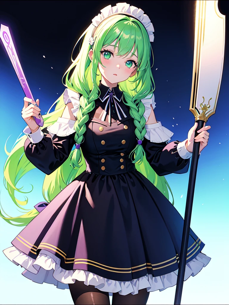 has a big shield, watercolor画, （Gradient braided hair, (Ink blotches:1.1), (pale:1.2),(Light purple:1.2),(Light green:1.2)）and wearing a maid outfit 　Mature face,tall, Wearing black tights,Green Eyes, The skin is hidden　and 1 female, Nervous,Cowboy Shot, sketch (Character design sheet, same characters, whole body, Three-View, front, ~ ~ ~ side, return),(Very bright:1.1), White Background, [1 Girl:7], (Tilt your head:1.2), ([sketch|watercolor \(Moderate\)]:1.15),Chaotic Abstract Background, Vector Trace, Gradient Blending, Bright colors, that&#39;wonderful, Very detailed, Complex, (Very low contrast:1.4