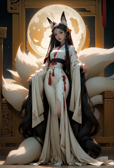 A flirtatious woman, with big eyes and a beautiful Hanfu dancing in front of a full moon scenery wallpaper, fits the description...