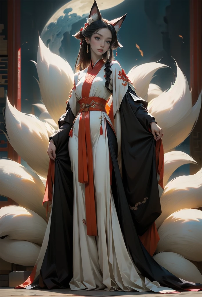 A flirtatious woman, with big eyes and a beautiful Hanfu dancing in front of a full moon scenery wallpaper, fits the description of the fox goddess Daji in ancient Chinese myth "The list of deities." Behind it is an abstract nine-tailed fox (Peking Opera style facial make-up), a full body shot, that combines tradition and modernity 