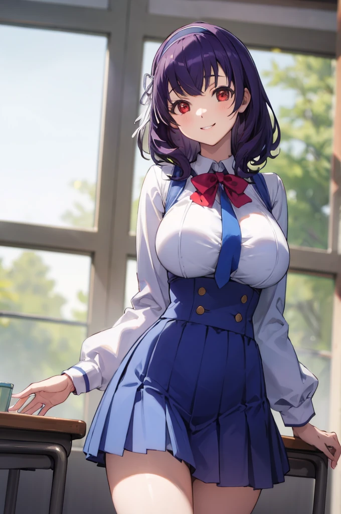 masterpiece, best quality, highres,absurdres,ray_tracing,intricate details,depth of field, extremely delicate and beautiful,4k,1girl,cowboy shot, looking at viewer,
yamanobe tomo, purple hair, red eyes, medium hair,  , hairband, long sleeves, blue skirt, high waist skirt,
classroom,
standing, 
smile,
huge breasts, curvy,    