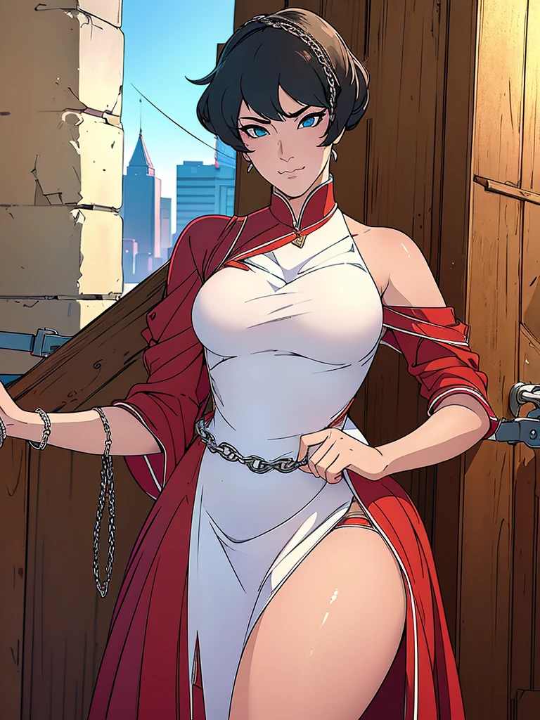 Just one girl,Best quality, 4k, high resolution, body stuck dress, perfect smile, gorgeous, white skin, ahegao face(hentai face) , black  hair, wearing red bodycorn dress(bodystuck dress),(with long sheeves),1 girl, solo, seductive look, elegance and charm, (masterpiece, best quality, high resolution), looking at the viewer, standing, (intricate and beautiful:1.2), (detailed light:1.2), (soft light, side light), (high resolution textures) , holding leash in hand(chain leash), outdoor, Burmese girl, wearing gorgeous jewelary, wearing harness over the outfit ,outdoor background, sun light, attractive, sexy, mature and hot, young,(masterpiece:1.3), (disorganized:1.3), (highest quality:1.3), perfect anatomy, detailed face, front view, perfect right hands, looking at viewer, (Super detailed:1.3), (best shadow:0.7), (treated hair), fine eyes, beautiful eyes, young aged woman, alone, standing, crystal earrings,closed_mouth, , outdoors,Thick thighs, arrogant face, small 