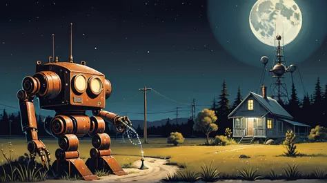 A detailed painting of a rusty, vintage robot watering a plant at night under a full moon. The scene is set in a tranquil, sligh...