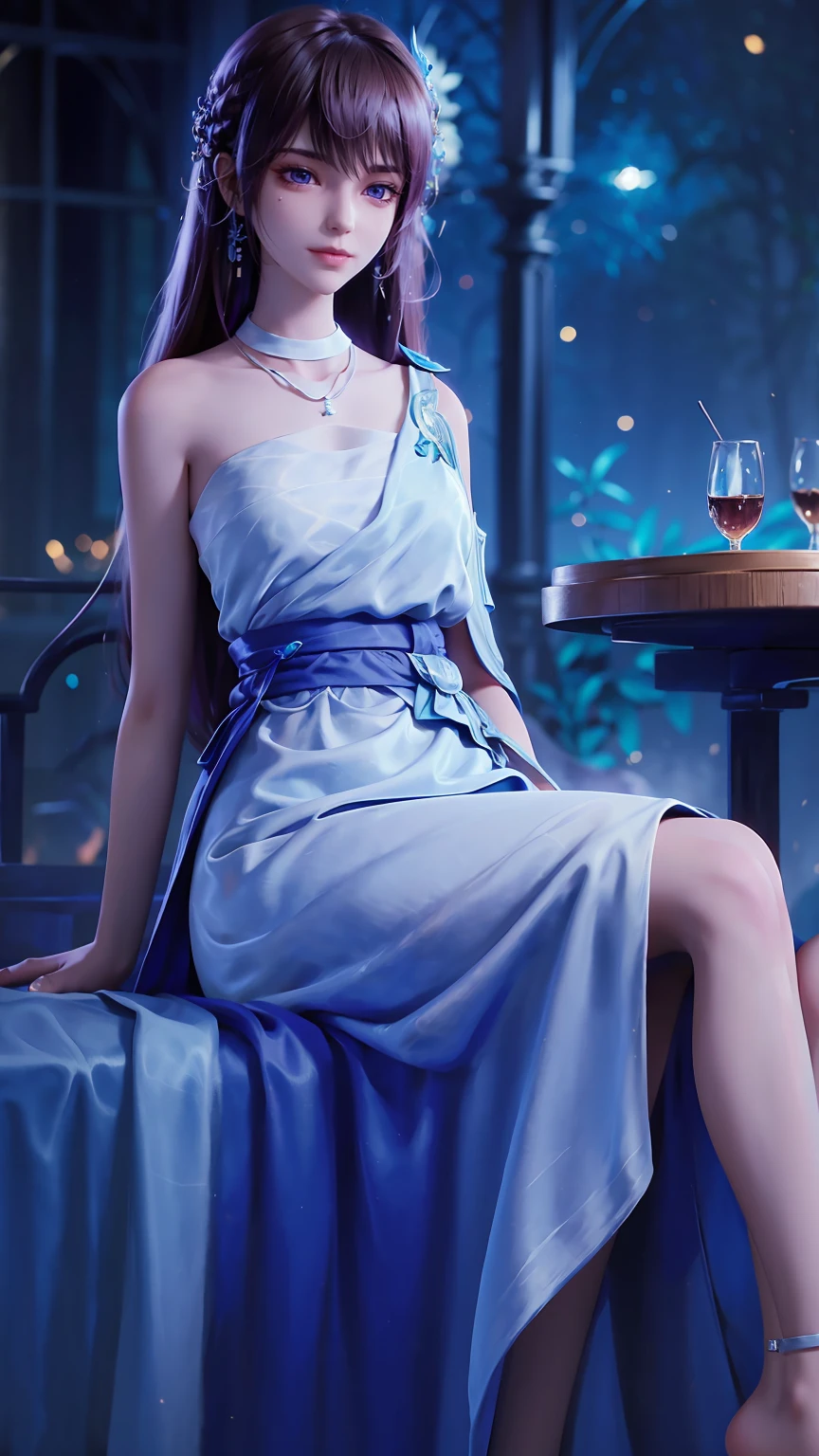 ((Shot in the knee)), ((From below)),A young girl, Wearing a skirt，At the bar, sit on the chair, Cross your legs, Posing elegantly, Detailed scenario, Messy long hair, Brown hair, Light makeup, Blush Blush, Beautiful slender legs, (Very high color saturation), details, Ultra Detailed, (masterpiece, Best quality), (Extremely exquisite and beautiful work), Delicate earrings, Exquisite necklace, Simple blur background, Extremely detailed description, Super Fine, Delicate face, slim body, Thin waist, (Grin), (Anatomically correct)，whole body，barefoot