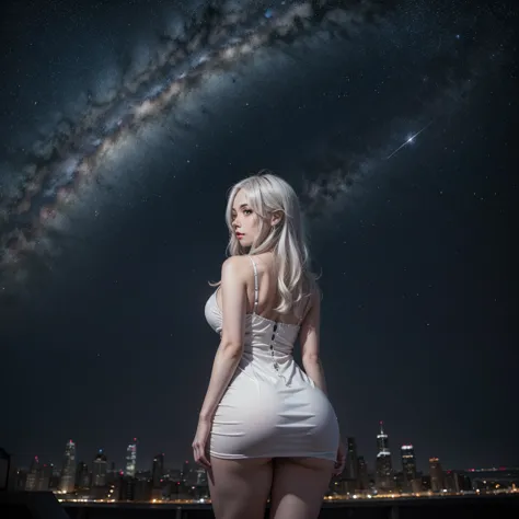 A detailed portrait of a girl outdoors at night, looking at the starry sky with the milky way, rear image, surrounded by a night...