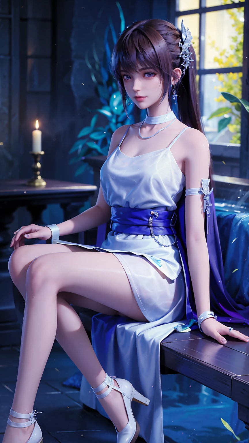 masterpiece, best quality, tthl, 1 Girl, 16 years old, Solitary, Long hair:1.2, Large Breasts, Bangs, Hair accessories, Double ponytails, skirt, Bare shoulders, Jewelry, Brown hair, Alternative clothing, white skirt, bracelet, ear rings, 长skirt, 蕾丝skirt, bracelet, High heel, 系带High heel, 细High heel, Charming smile,Cross your legs, Sitting in the bathtub, indoors, From below，White Camisole