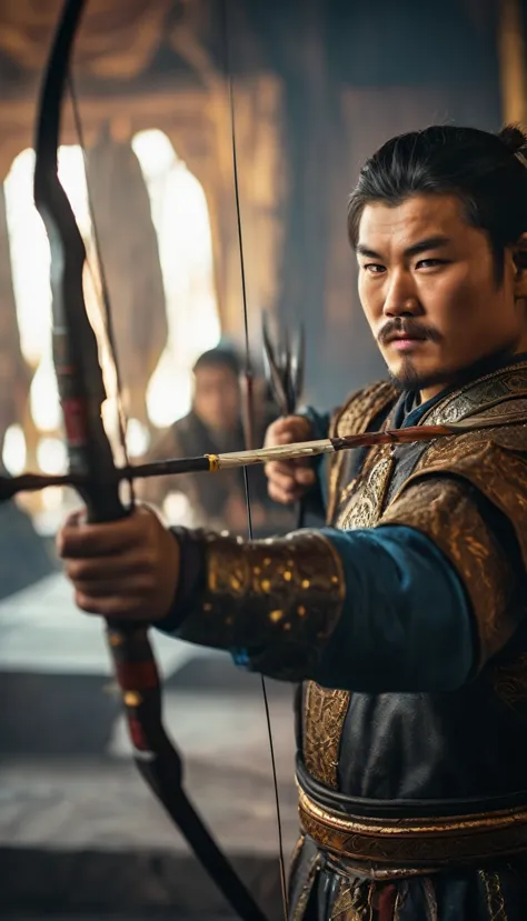 Genghis Khan, a teenager, practices archery, background dark gold, hyper realistic, ultra detailed hyper realistic, photorealist...