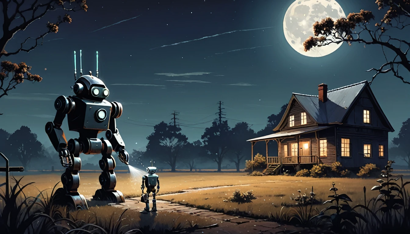 A detailed painting of a rusty, vintage human styled robot watering a plant at night under a full moon. The scene is set in a tranquil, slightly eerie countryside with a small, old house and a distant antenna tower in the background. The robot, with glowing eyes, carefully tends to the plant, highlighting a contrast between technology and nature.