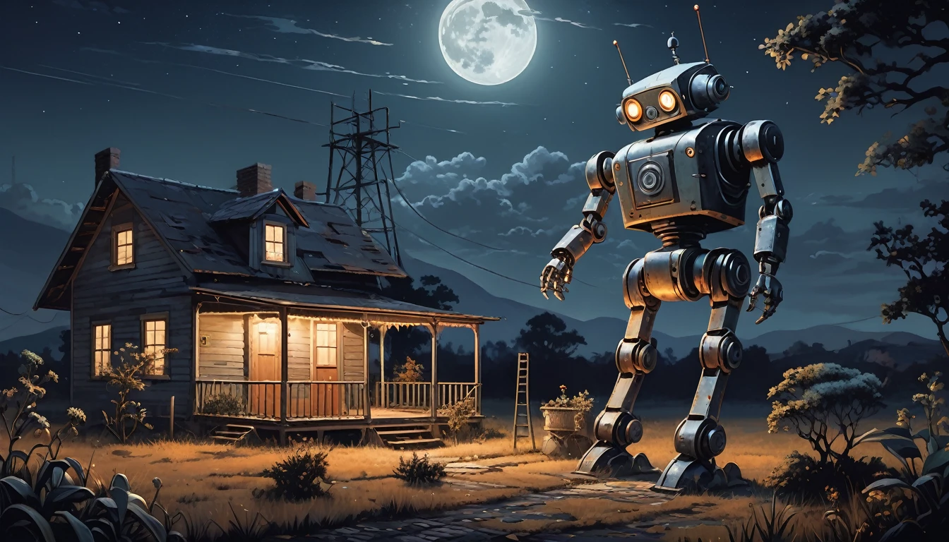 A detailed painting of a rusty, vintage human styled robot watering a plant at night under a full moon. The scene is set in a tranquil, slightly eerie countryside with a small, old house and a distant antenna tower in the background. The robot, with glowing eyes, carefully tends to the plant, highlighting a contrast between technology and nature.