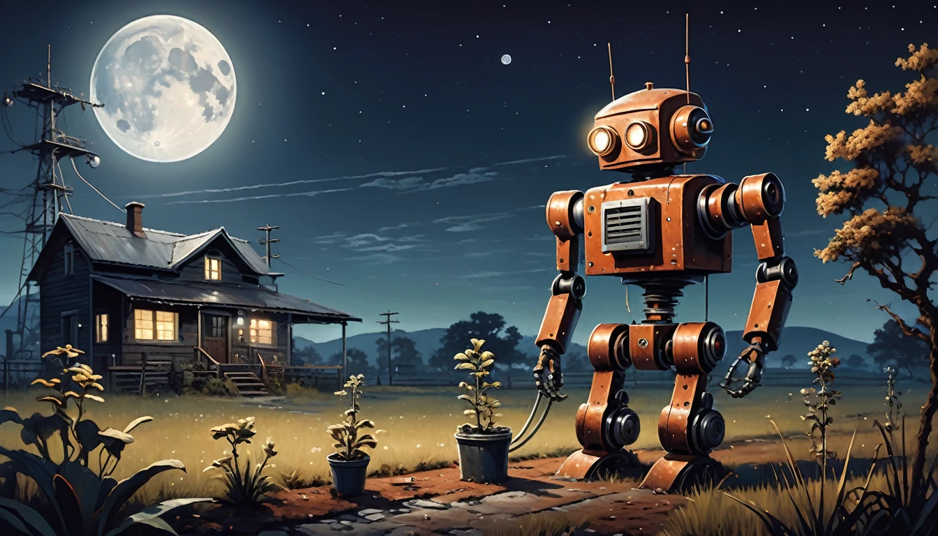 A detailed painting of a rusty, vintage human styled robot watering a plant at night under a full moon. The scene is set in a tranquil, slightly eerie countryside with a small, old house and a distant antenna tower in the background. The robot, with glowing eyes, carefully tends to the plant, highlighting a contrast between technology and nature.