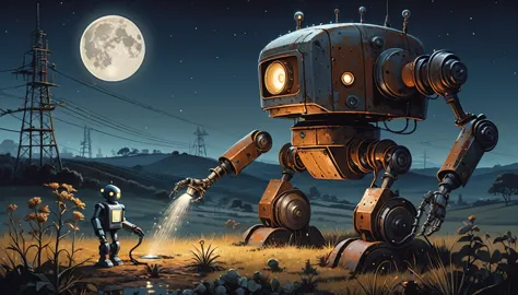 A detailed painting of a rusty, vintage human styled robot watering a plant at night under a full moon. The scene is set in a tr...