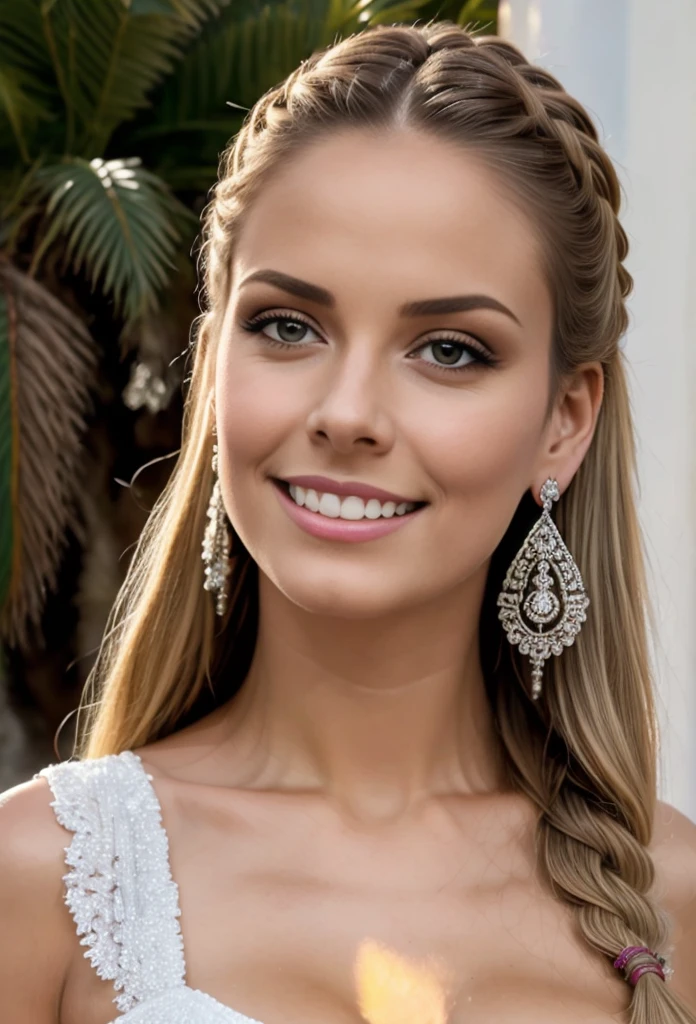 (Masterpiece, Best Quality), intricate details, realist, photorealist, a close up of a woman wearing aretes, , wrapped in crystals, silver color, long aretes,  huge earrings, platinum jewelry, arete, impeccable structure, silver arete,  detailed skin, skin texture, perfect smile, sensual look, braids in hair