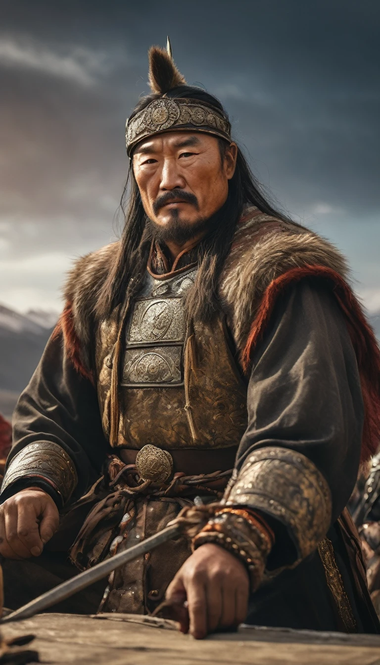 Genghis Khan forming alliances with other tribes under a clear Mongolian sky, background dark gold, hyper realistic, ultra detailed hyper realistic, photorealistic, Studio Lighting, reflections, dynamic pose, Cinematic, Color Grading, Photography, Shot on 50mm lens, Ultra-Wide Angle, Depth of Field, hyper-detailed, beautifully color, 8k