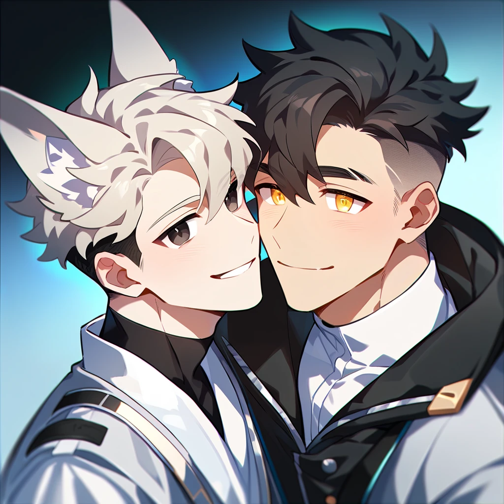 2 young men, focus man , Yaoi, pair,smile, short hair, silver blonde hair, golden eyes, Fox ears, black hair, Undercut style, black eyes , The best aesthetics , best quality, Amazing quality, The best aesthetics