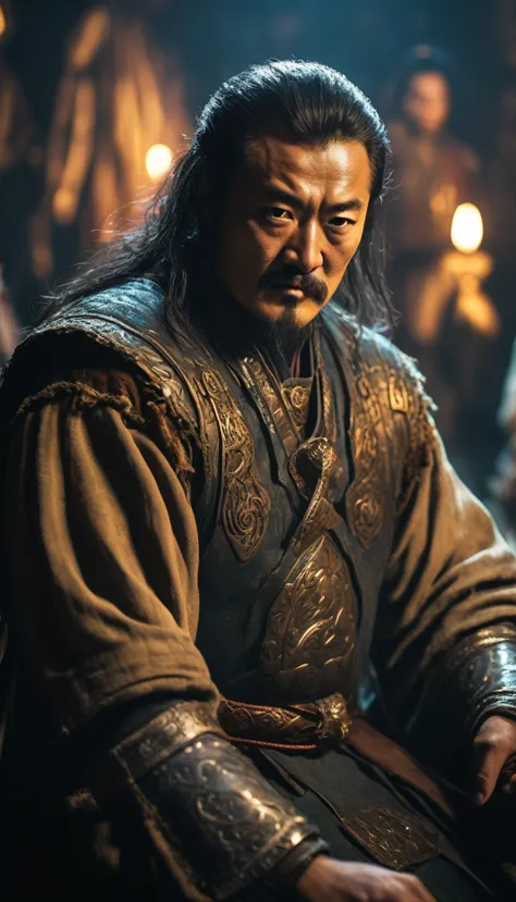 The transformation of Temujin into Genghis Khan, surrounded by loyal followers, background dark gold, hyper realistic, ultra det...