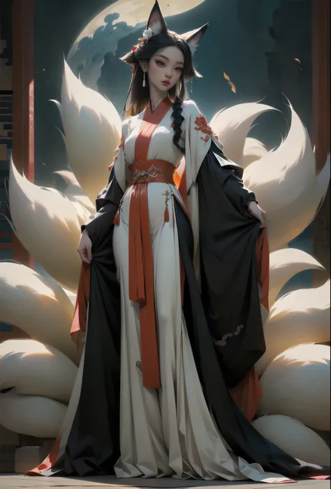 A flirtatious woman, with big eyes and a beautiful Hanfu dancing in front of a full moon scenery wallpaper, fits the description...