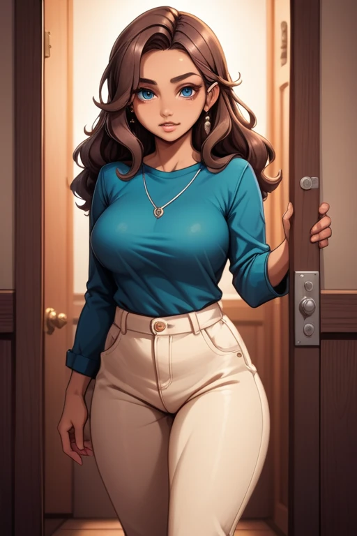 young woman; shoulder-length wavy brown hair; honey-skin; blue eyes; girl-next-door; soft features; beautiful; large breasts; casual clothing; plain white blouse "3/4 sleeves" and no graphic; form-fitting tan trousers; in a living room; saucy pose; best quality; trending on artstation; complex volumetric lighting; warm incandescent; strong shadows; artistic lighting; dynamic; energetic vibe; subsurface scattering; specular highlights; micro-textures;