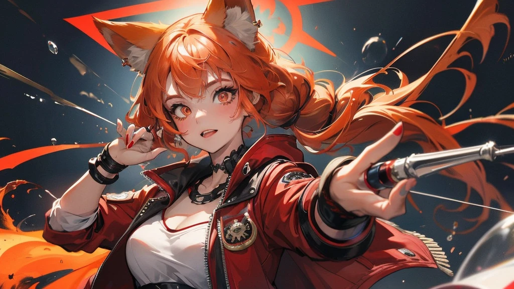 Goddess, girl with orange hair and fox ear, red eyes, wearing red jacket,  tokyo, dynamic light, cinematic light, complicated background