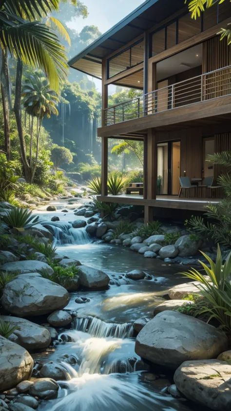 realistic rendering of ((modern)) villas by the stream, (natural stream) flow tenderly, jungle background