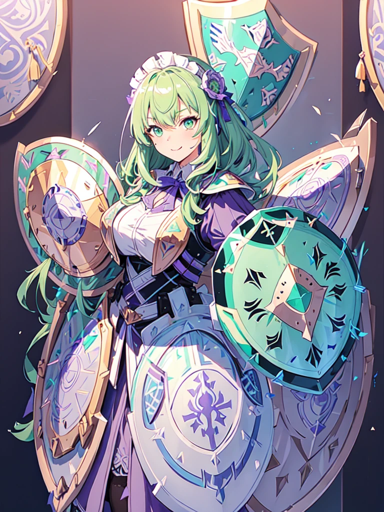 (１Two Shields,　((Large Shield Design:1.9))、An illustration、metallic material、Detailed engraving、Decorative pattern、silver accentystical symbols) and watercolor画, （Gradient braided hair, (Ink blotches:1.1), (pale:1.2),(Light purple:1.2),(Light green:1.2)）and wearing a maid outfit 　Mature face,tall, Wearing black tights,Green Eyes, The skin is hidden　and 1 female, Nervous,Cowboy Shot, sketch (Character design sheet, same characters, whole body, Three-View, front, ~ ~ ~ side, return),(Very bright:1.1), White Background, [1 Girl:7], (Tilt your head:1.2), ([sketch|watercolor \(Moderate\)]:1.15),Chaotic Abstract Background, Vector Trace, Gradient Blending, Bright colors, that&#39;wonderful, Very detailed, Complex, (Very low contrast:1.4）
