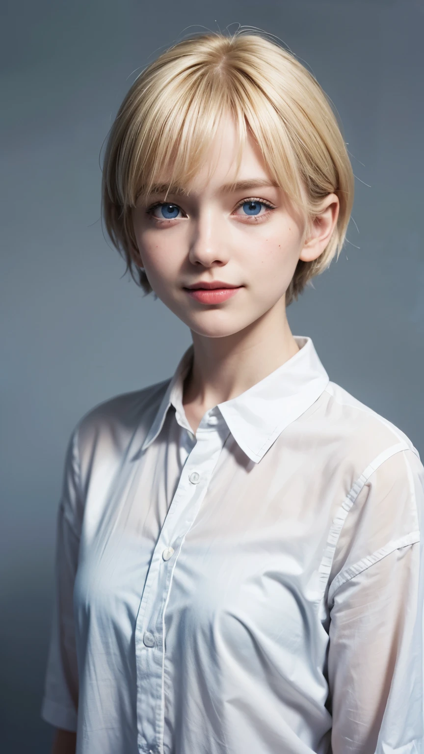 Swedish girl ,((short blonde hair)), Bobcut, Van, ((blue eyes)), 13 years old,((Plain background, Slope)),(((Upper Body))),Looking into the camera, Point to the camera,young, ((white collared shirt)), Pale skin, Ultra-high resolution, Ultra-high resolution, (Realistic:1.4), Doll-like face,Gentle expression,A cheerful smile,((Big smile)),(from front）, Facing forward,Bangs down,((upper body)),cute
