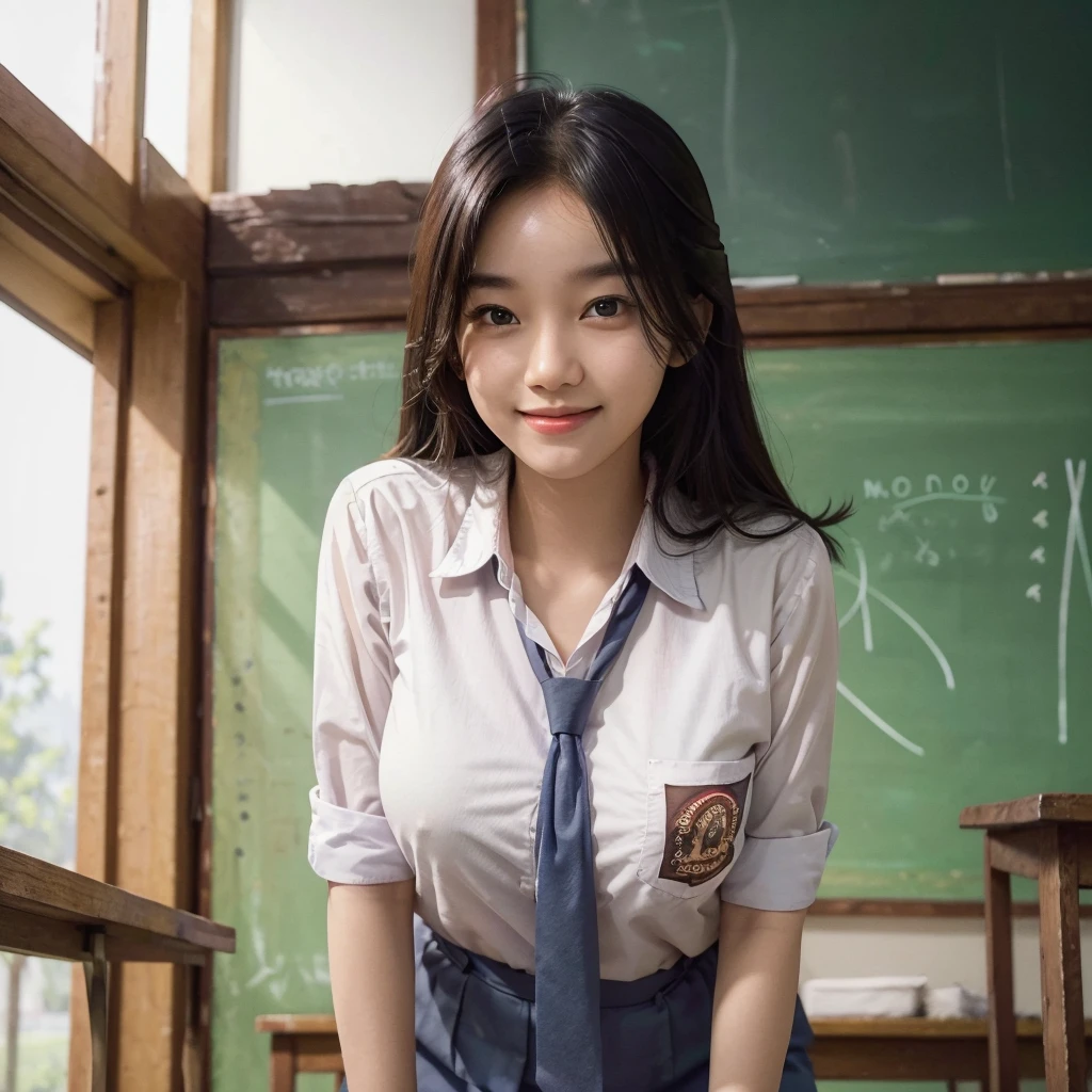a beautiful girl, standing in classroom, 1girl, (Indonesian high school uniform), tight, gigantic breasts, extremely detailed facial features, beautiful eyes, long eyelashes, cute smile, school desk, chalkboard, sunlight through windows, warm lighting, intricate details, (best quality,4k,8k,highres,masterpiece:1.2),ultra-detailed,(realistic,photorealistic,photo-realistic:1.37),digital art, concept art, cinematic lighting, vibrant colors