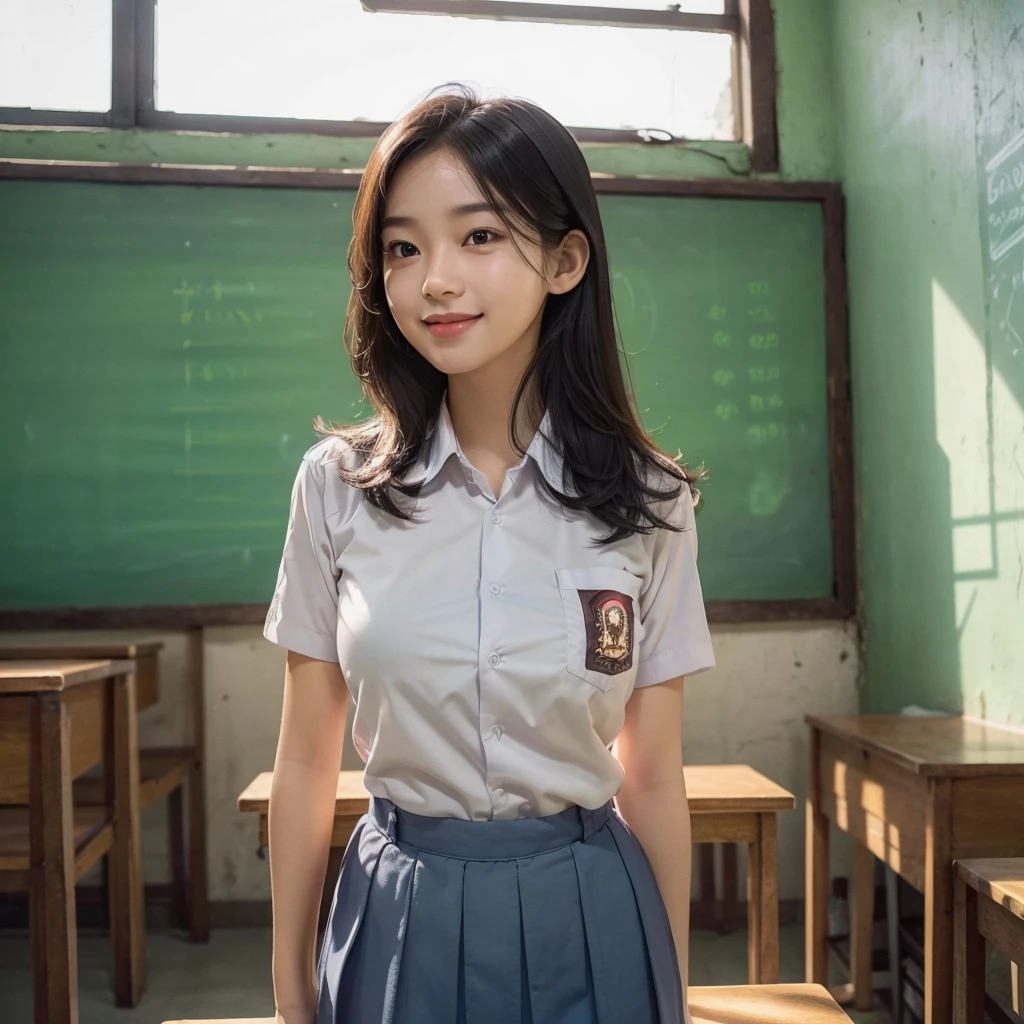 una chica hermosa, de pie en el aula, 1 chica, (Uniforme de escuela secundaria de Indonesia), ajustado, pechos gigantes, rasgos faciales extremadamente detallados, ojos bonitos, pestañas largas, linda sonrisa, pupitre de escuela, pizarra, luz del sol a través de ventanas, iluminación cálida, detalles intrincados, (mejor calidad,4k,8k,alta resolución,Obra maestra:1.2),ultra detallado,(Realista,photoRealista,photo-Realista:1.37),arte digital, arte conceptual, iluminación cinematográfica, colores vibrantes