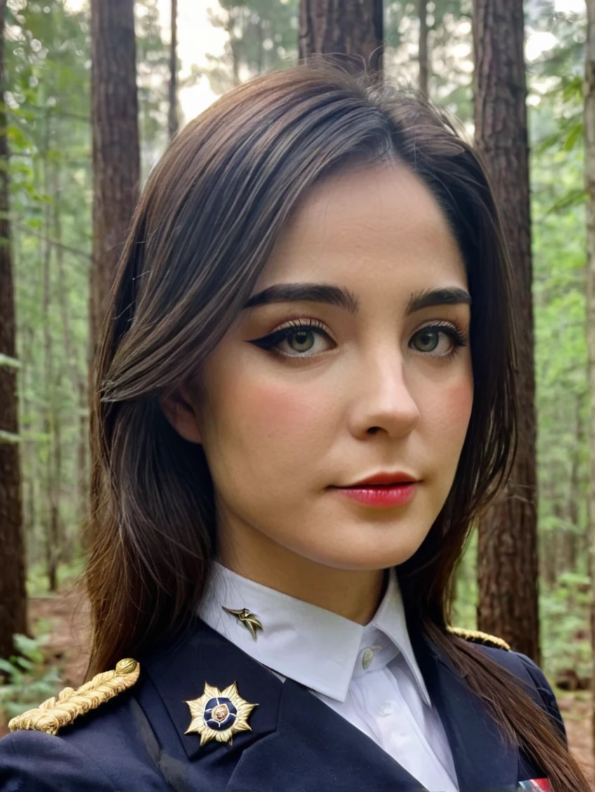 a beautiful photo by st4ryuukiXL, detailed skin texture,Masterpiece, photorealistic, Women, 4k, light, Raw color photo,(completely in frame:1.1), (Goosebumps:0.5),king, detailed face,wearing a uniform,evening,forest,subtle smile,High contrast