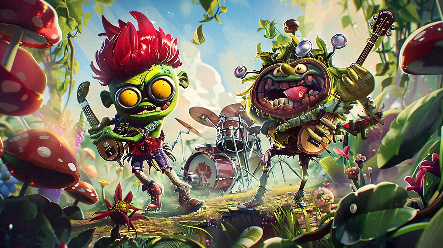 一群卡通植物和僵尸穿着鲜艳的服装，挥舞着超大的乐器，在五颜六色的蘑菇和鲜花包围的草地上表演