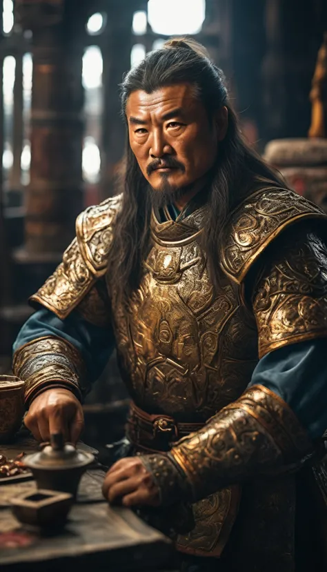 Genghis Khan in traditional Mongolian armor, gazing over his growing empire, background dark gold, hyper realistic, ultra detail...