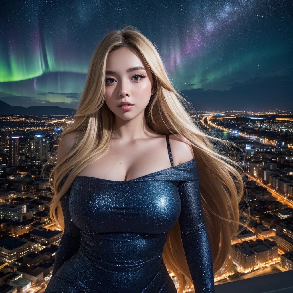 A detailed portrait of a girl outdoors at night, looking at the starry sky with the milky way, surrounded by a night cityscape with buildings silhouetted against the night sky, long light blonde hair. wearing a long revealing dress, curvy body (best quality, 4k, 8k, extremely detailed body, stars, landscapes, starry night, Aurora night, 1 girl. beautiful woman.