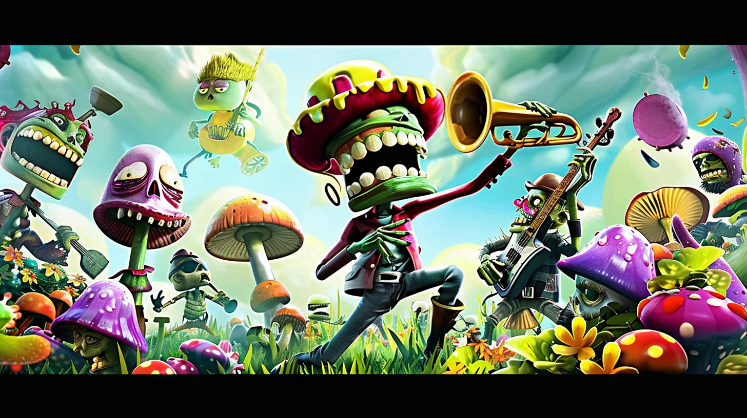 一群卡通植物和僵尸穿着鲜艳的服装，挥舞着超大的乐器，在五颜六色的蘑菇和鲜花包围的草地上表演