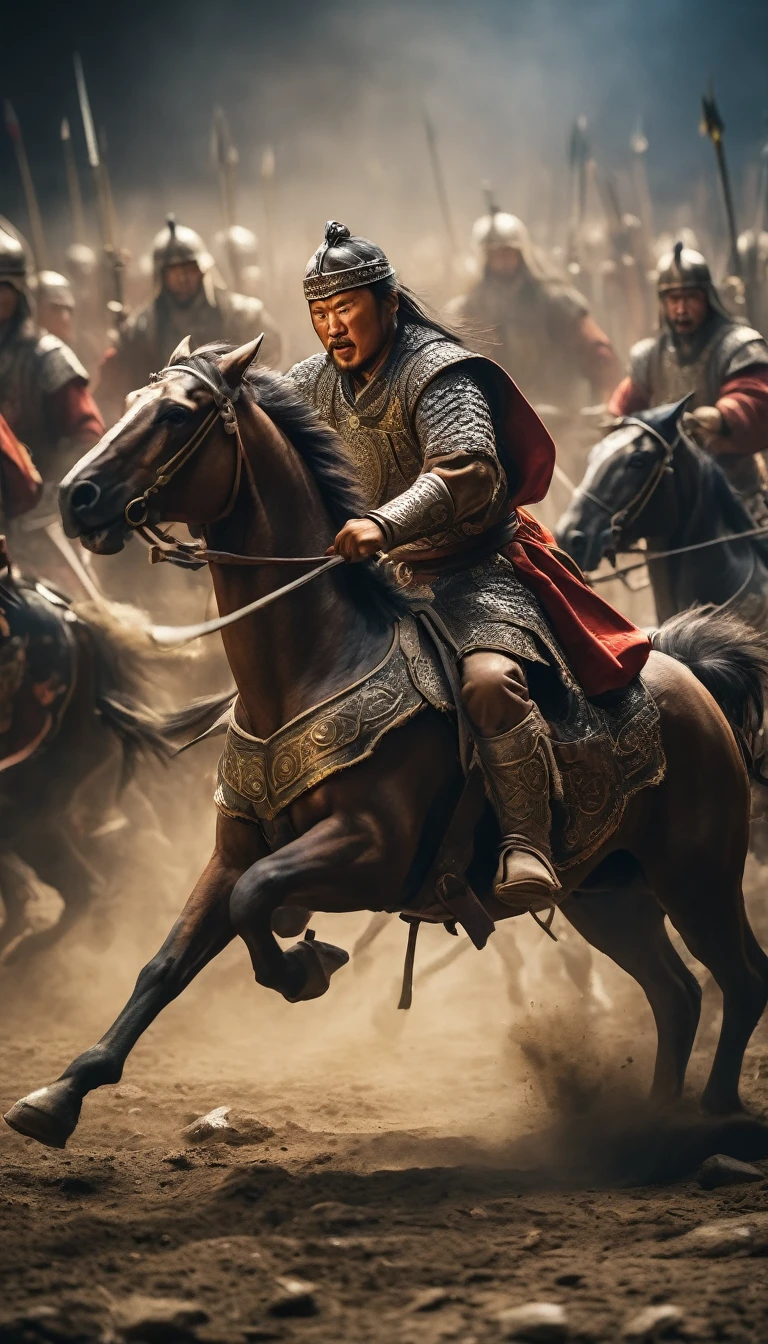 Os guerreiros de Genghis Khan avançando para a batalha com ferocidade incomparável, fundo ouro escuro, hiper-realista, ultra detailed hiper-realista, fotorrealista, iluminação de estúdio, Reflexões, pose dinâmica, Cinematic, gradação de cores, fotografia, Filmado com lente 50mm, Ângulo ultra-amplo, profundidade de campo, hiper-detalhado, lindamente colorido, 8K