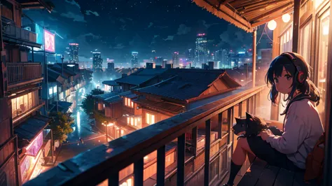 girl sitting on balcony , feel the view outside、look  , focus on the night city  ,2d game art styles ,chinstill 50, put headphon...