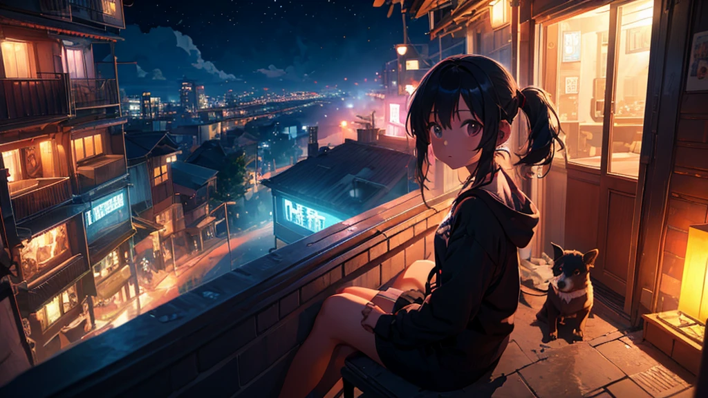 Girl sitting on balcony , Feel the view outside、look  , Focus on the night city  ,2D Game Art Styles ,Chinstill 50, Put headphones on your ears , Sing a song  , at night, Colorful animation skills, A dog is sitting next to a girl