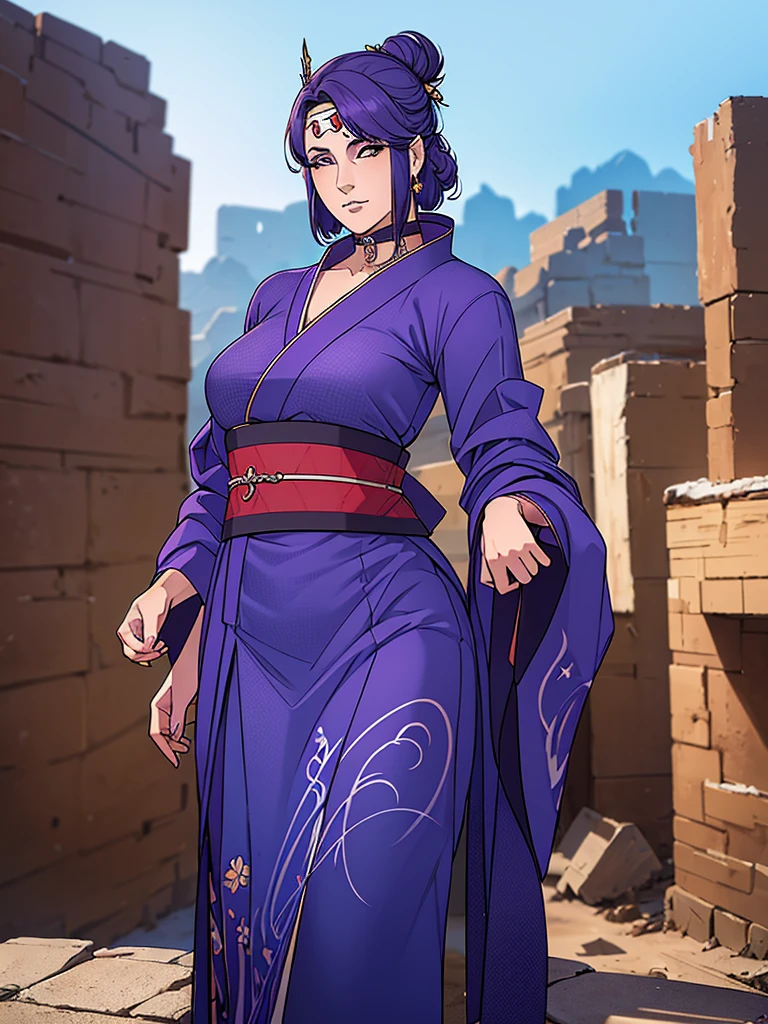 apenas uma garota,melhor qualidade, 4K, Alta resolução, vestido preso no corpo, Sorriso perfeito, maravilhoso, pele clara, cara de ahegao(hentai face) ,Cabelo roxo, vestindo um quimono azul escuro curto com um cinto obi azul mais escuro e ela usa seu protetor de testa, 1 garota, Sozinho, olhar sedutor, elegância e charme, (obra de arte, melhor qualidade, Alta resolução), olhando para o espectador, de pé, (complexo e lindo:1.2), (luz detalhada:1.2), (luz suave, luz lateral), (Alta resolução textures) , segurando colar de corrente, ar livre, Garota birmanesa, wearing maravilhoso jewelary, usando arnês por cima da roupa ,ar livre background, luz solar, atraente, sexy, maduro e quente, jovem,(obra de arte:1.3), (desorganizado:1.3), (mais alta qualidade:1.3), anatomia perfeita, rosto detalhado, vista frontal, mãos direitas perfeitas, Olhando para o visualizador, (super detalhado:1.3), (Melhor sombra:0.7), (cabelo tratado), Olhos finos, Olhos lindos, jovem aged woman, sozinho, de pé, brincos de cristal,fechado_Boca, , ar livres,coxas grossas, cara arrogante, pequeno 